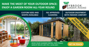beautiful modern garden room made of wood with a small circular image next to it of a child's playroom as an example of how the garden room can be used