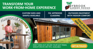 one image of a wooden custom made garden room standing in a garden, another smaller round image on the left of a smiling man using his garden room as a work from home office