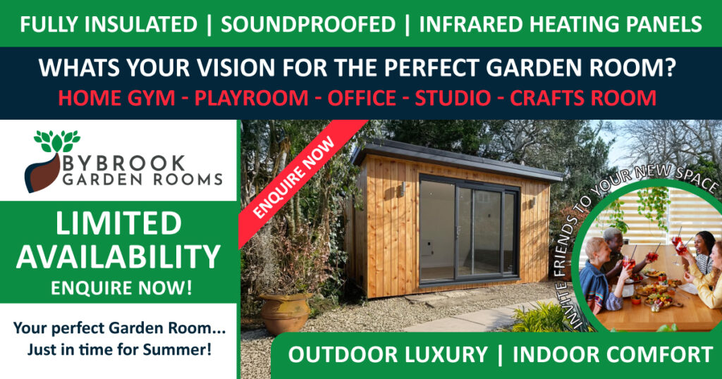 image of a bybrook garden room made of wood, in somebody's back garden surrounded by trees and bushes, then a small image in a green circle on the bottom right of it showing a group of friends sat around a table with a cocktail in hand having a good time
