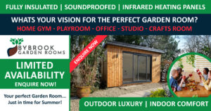image of a bybrook garden room made of wood, in somebody's back garden surrounded by trees and bushes, then a small image in a green circle on the bottom right of it showing a group of friends sat around a table with a cocktail in hand having a good time