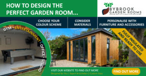 image of a wooden bybrook garden room on a beautiful clear sky day, and in the left corner is a circular image of a pool table inside a garden room, text reads: how to design the perfect garden room