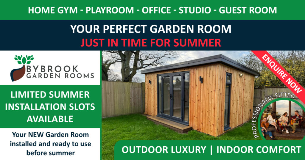 image of a wooden bybrook garden room, and in the left corner is a circular image of a group of friends spending time together sitting outside on the porch of their new garden room