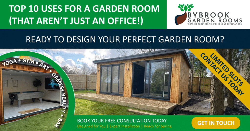 ideas for how to use your garden room, image in the bottom left hand side is of a bybrook garden room with a pool table and a large television, used as an entertainment room. the large image to the right of it is another bybrook garden room from the outside.